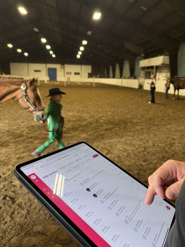 Pegasus horse show software dashboard showing online entries and live schedule